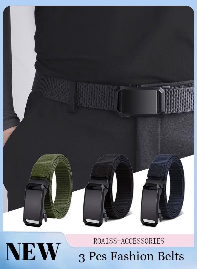 3 Pcs Automatic Buckle Nylon Belts for Men, Stylish Woven Nylon Fabric Belts with Gear Buckles, Suitable for Casual Wear, Jeans and Golf Wear, 120cm