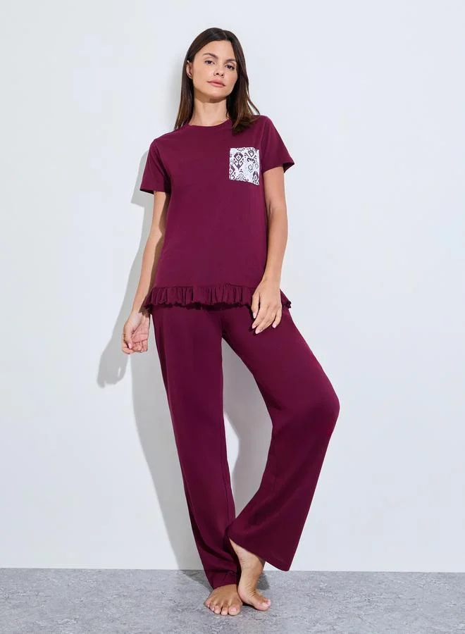Styli Burgundy Ikat Print Pocket Ruffle Hem T-Shirt and Pyjama Set