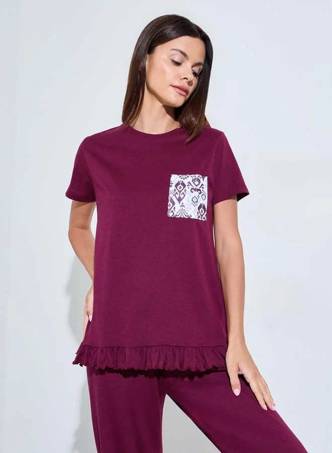 Styli Burgundy Ikat Print Pocket Ruffle Hem T-Shirt and Pyjama Set