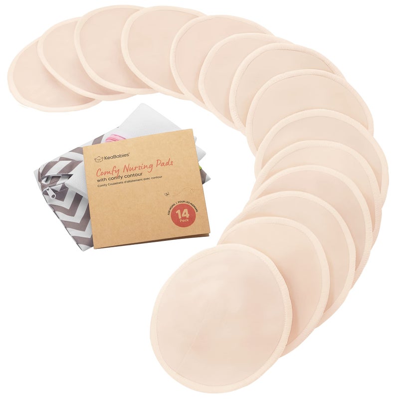 KeaBabies Organic Nursing Pads - 14 Washable Viscose Derived from Bamboo Breastfeeding Pads, Wash Bag, Reusable Breast Pads for Breastfeeding, Nipple Pads for Breastfeeding Essentials (Bare Beige, L 4.8) - Image 1