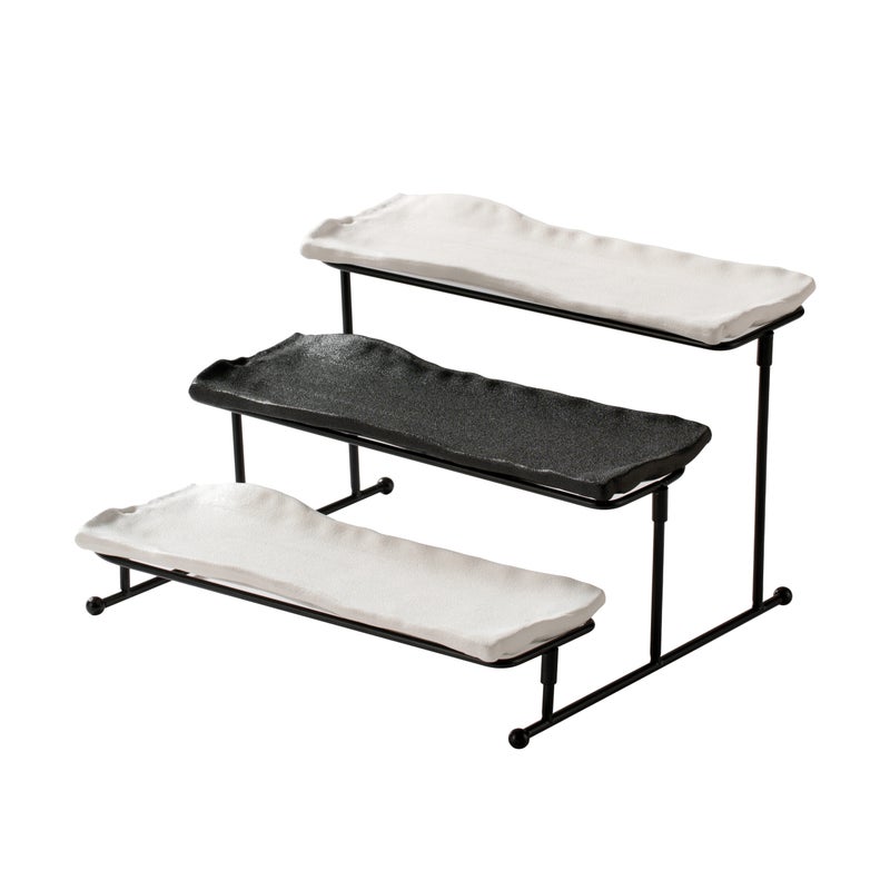 Shallow 3-Tier Porcelain Ceramic Serving Stand-31cm Stepped "Taqdeem" Set  Food Tower for Ramadan,Eid & Festive Majlis - Mawaheen for Appetizers, Desserts&Coffee Stations (White&Black) - Image 1