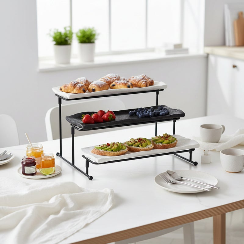 Shallow 3-Tier Porcelain Ceramic Serving Stand-31cm Stepped "Taqdeem" Set  Food Tower for Ramadan,Eid & Festive Majlis - Mawaheen for Appetizers, Desserts&Coffee Stations (White&Black) - Image 2