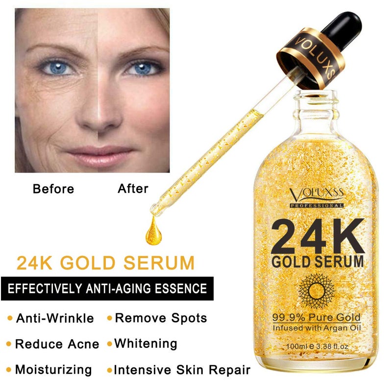 Voluxss سيروم فولكس 24K للوجه، سيروم مرطب مضاد للشيخوخة لتفتيح البشرة مع فيتامين C، حمض الهيالورونيك وزيت الأركان للبقع الداكنة والخطوط الدقيقة، معزز كولاجين للعناية بالبشرة الكورية - Image 2