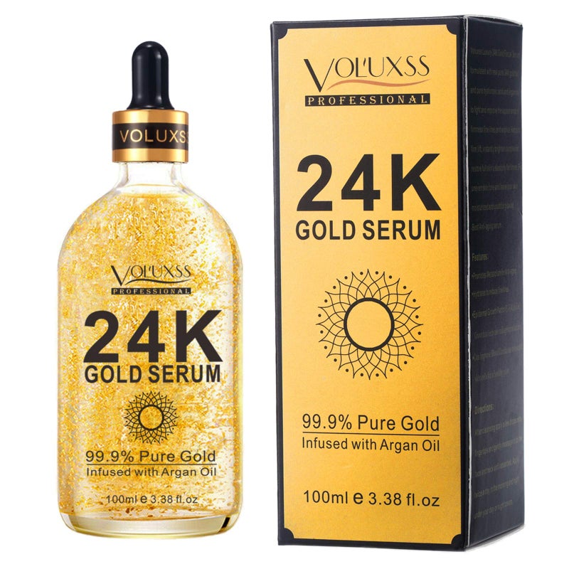 Voluxss سيروم فولكس 24K للوجه، سيروم مرطب مضاد للشيخوخة لتفتيح البشرة مع فيتامين C، حمض الهيالورونيك وزيت الأركان للبقع الداكنة والخطوط الدقيقة، معزز كولاجين للعناية بالبشرة الكورية - Image 1