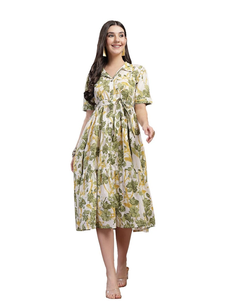 Stylum Women's Green Floral Printed Cotton Flared Dress - Image 1