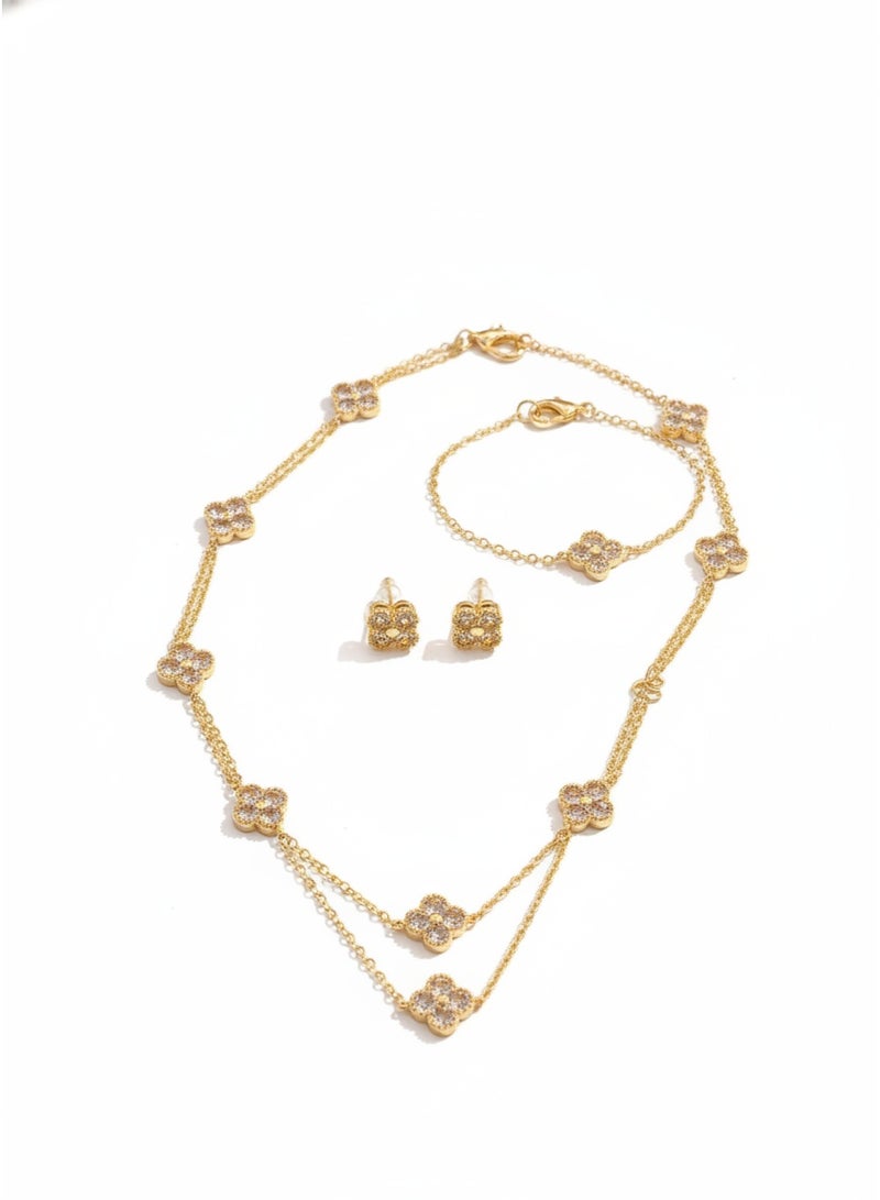 Four leaf clover diamond jewelry set necklace bracelet earring three piece set jewelry gift box set - Image 1