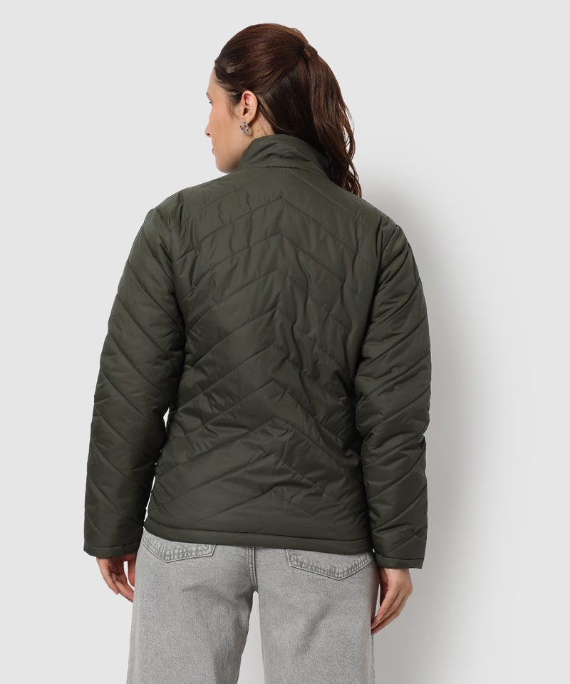 Campus Sutra Women's Olive Green Puffer Regular Fit Bomber Jacket For Winter Wear | Standing Collar | Full Sleeve | Zipper | Casual Jacket For Woman & Girl | Western Stylish Jacket For Women - Image 5