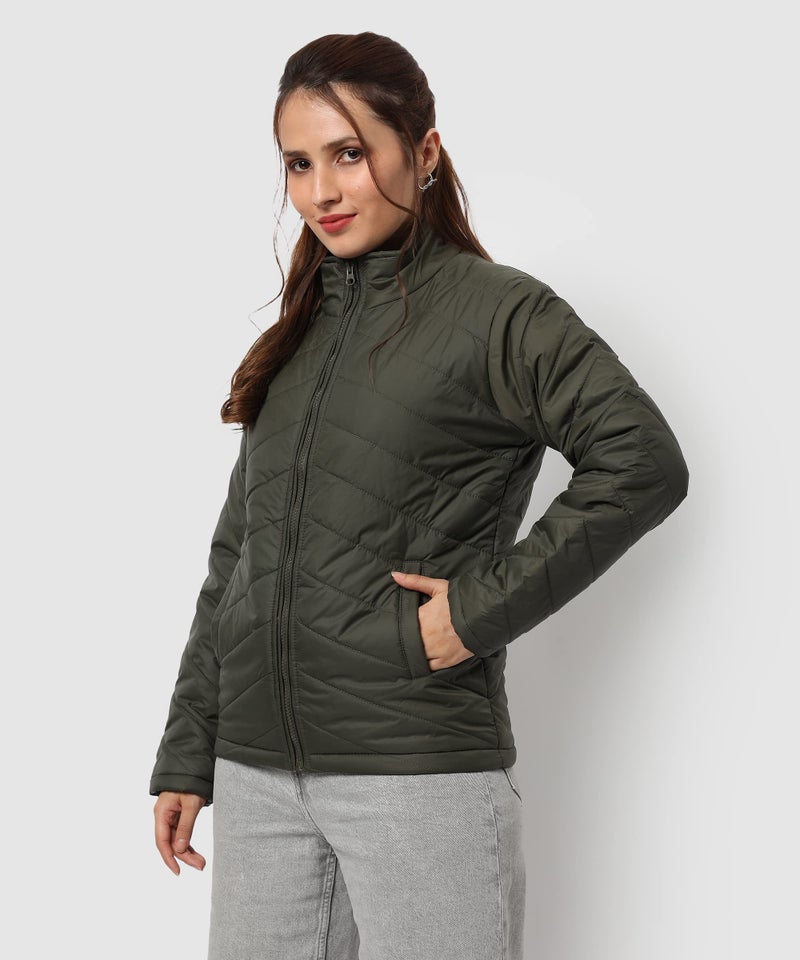 Campus Sutra Women's Olive Green Puffer Regular Fit Bomber Jacket For Winter Wear | Standing Collar | Full Sleeve | Zipper | Casual Jacket For Woman & Girl | Western Stylish Jacket For Women - Image 4