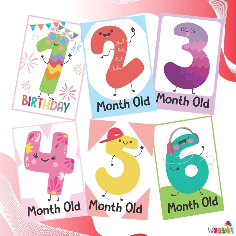 WOBBOX Baby Monthly Milestone Cards, Record 0-12 Months Growth Milestones Cards, Baby Shower Gift Scrapbook Photo Keepsake Monthly Age Markers Card (12 Pcs) (Design Three) - Image 2