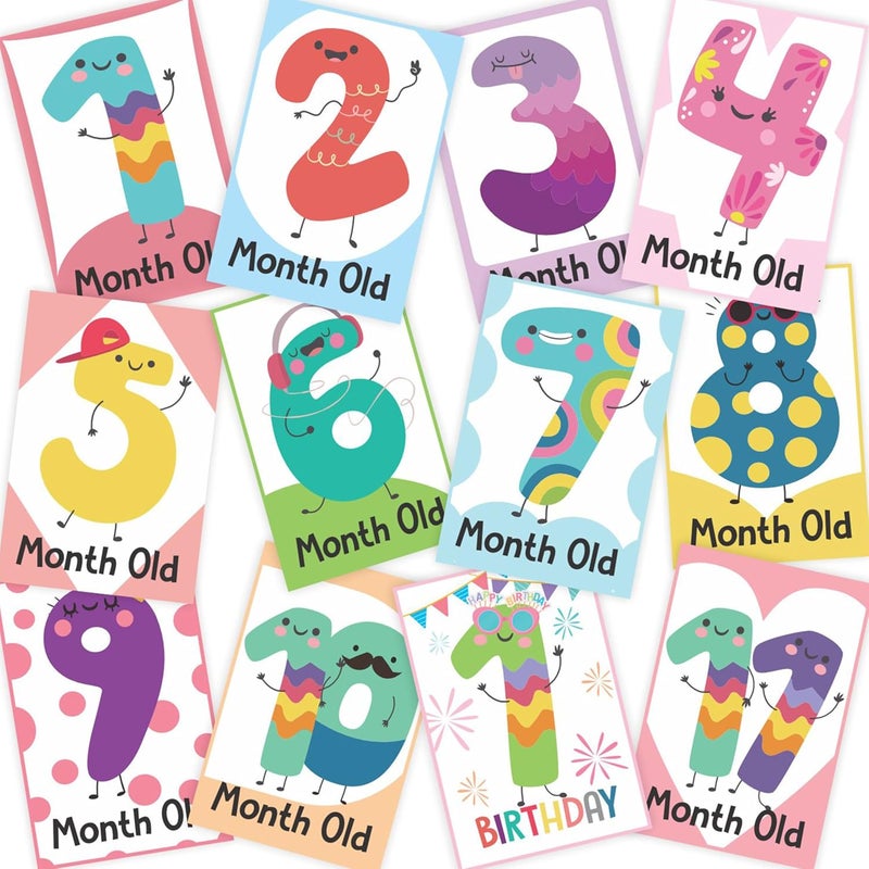 WOBBOX Baby Monthly Milestone Cards, Record 0-12 Months Growth Milestones Cards, Baby Shower Gift Scrapbook Photo Keepsake Monthly Age Markers Card (12 Pcs) (Design Three) - Image 1
