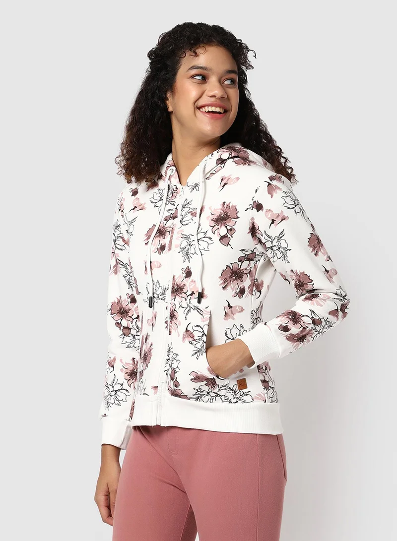 Campus Sutra Women's Cream With Coffe color Flower Hoodie With Kangaroo Pockets | Hood Neck | Long Sleeve | Zipper Closure | Cotton Sweatshirt Crafted With Comfort Fit For Everyday Wear