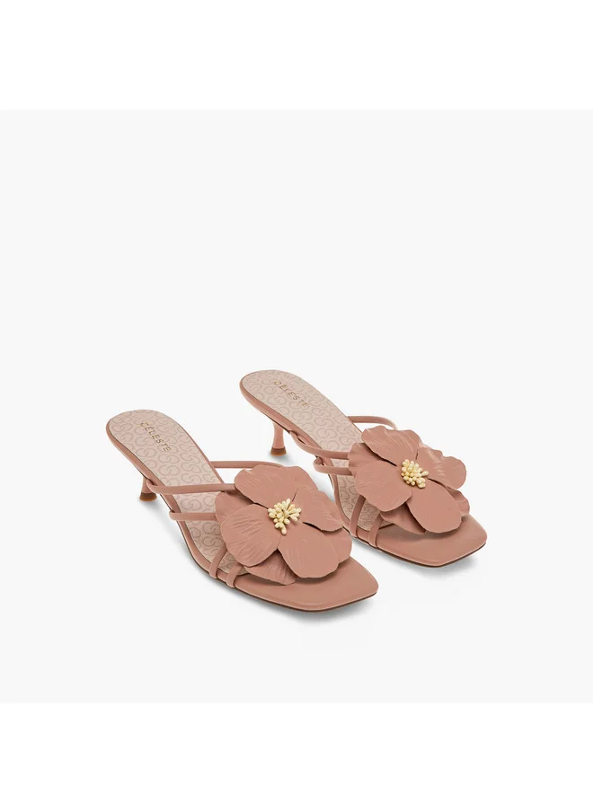 Celeste Women's Flower Applique Slip-On Sandals with Kitten Heels