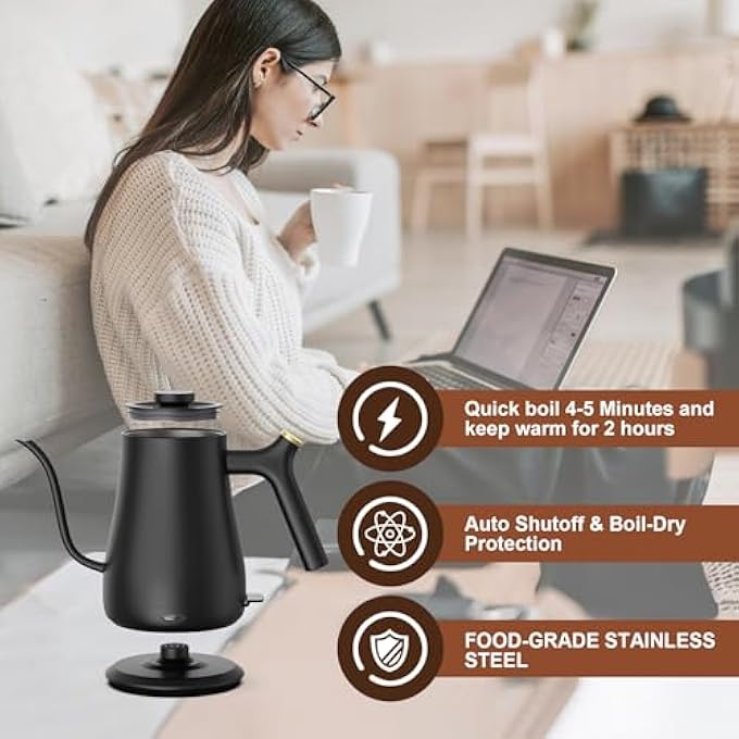 VidaTeco Gooseneck Electric Kettle Electric Tea Kettles Water Boiler  Heater With Auto ShutOff Stainless Steel Kettle Water Boiler Quick Heating For Pour Over Coffee Brew Tea Hot Water 08L Black - Image 3
