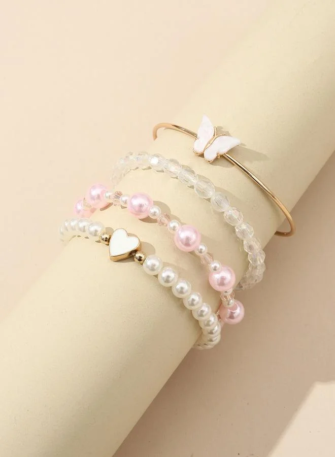 Pack of 4 - Girls Multi-Color Pearl and Butterfly Charm Bracelets