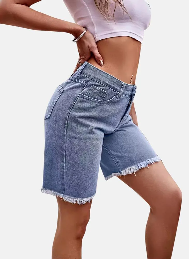YUNIQEE Blue Mid Rise Plain Regular Fit Shorts