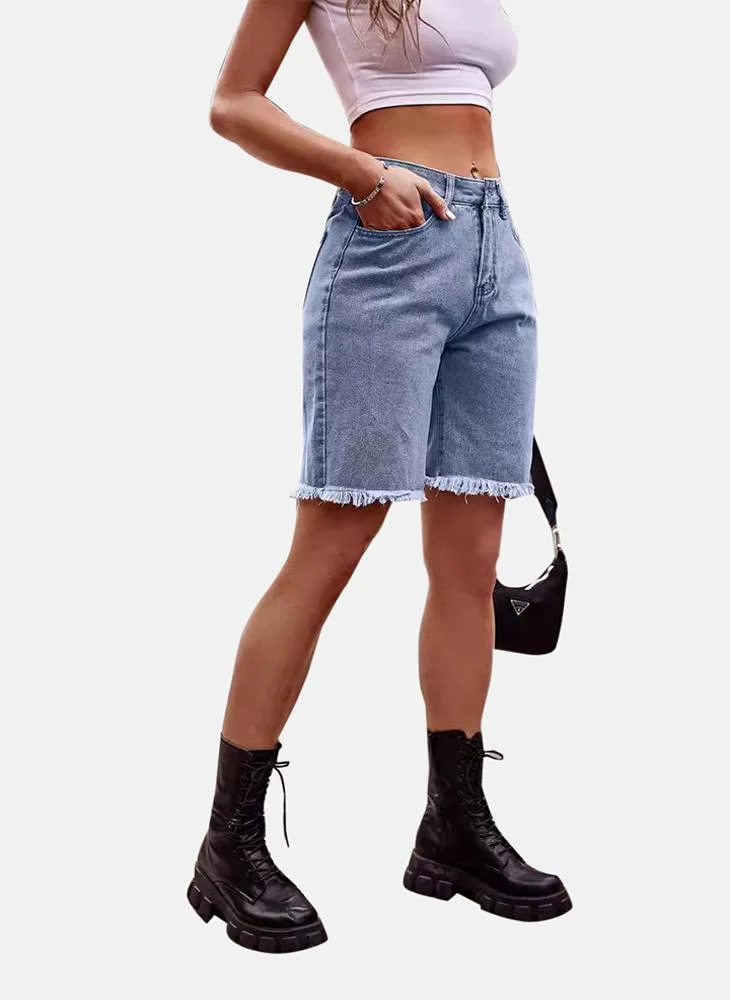 YUNIQEE Blue Mid Rise Plain Regular Fit Shorts
