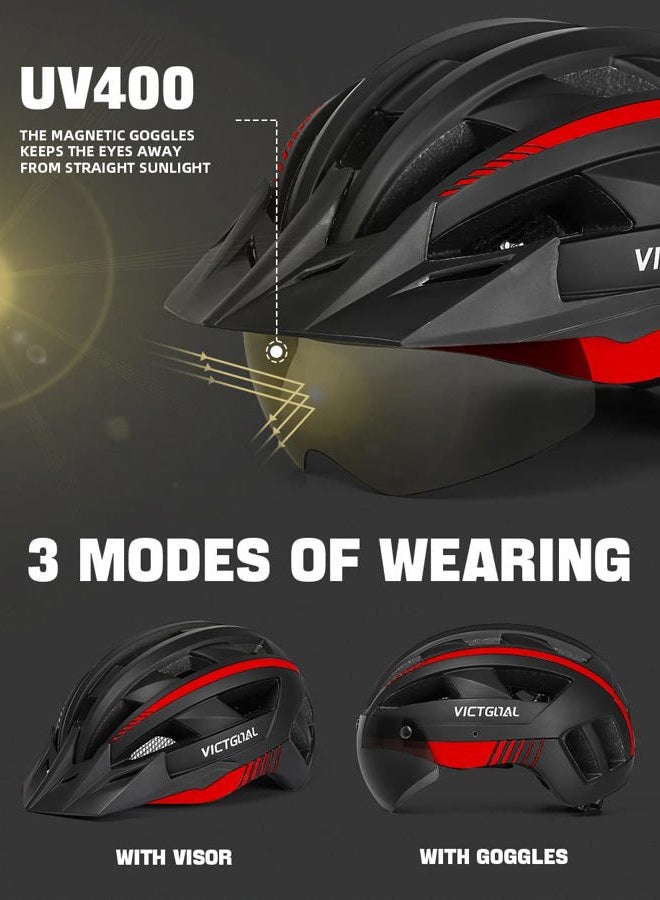 VICTGOAL Bike Helmet with USB Rechargeable Rear Light Detachable Magnetic Goggles Removable Sun Visor Mountain & Road Bicycle Helmets for Men Women Adult Cycling Helmets black - Image 2