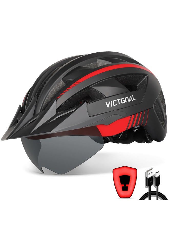 VICTGOAL Bike Helmet with USB Rechargeable Rear Light Detachable Magnetic Goggles Removable Sun Visor Mountain & Road Bicycle Helmets for Men Women Adult Cycling Helmets black - Image 1