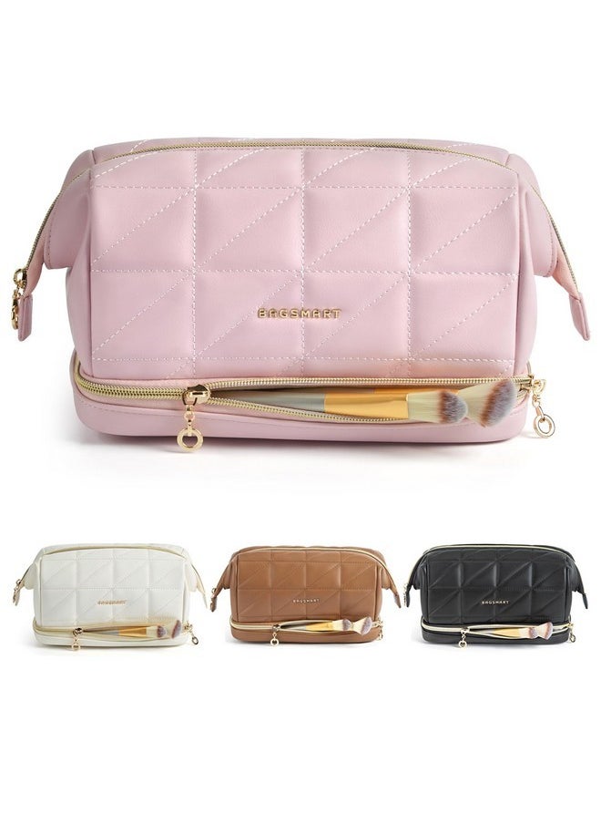 BAGSMART Travel Makeup Bag, Pu Leather Makeup Bag Organizer, Large Capacity Make Up Bag, Cosmetic Bags For Women, Wide-Open Makeup Pouch For Travel Essentials, Bottles, Brushes (Pink)  - Image 1