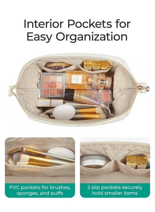 BAGSMART Travel Makeup Bag, Pu Leather Makeup Bag Organizer, Large Capacity Make Up Bag, Cosmetic Bags For Women, Wide-Open Makeup Pouch For Travel Essentials, Bottles, Brushes (Pink)  - Image 3
