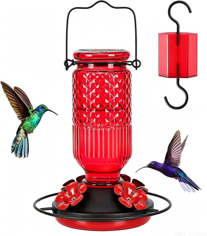 Feed Garden Glass Hummingbird Feeder for Outdoors Hanging, 16 OZ Humming Birds Feeders with 4 Bee Guard Feeding Ports & Built-in Ant Moat, Bird Feeder for Outside, Red - Image 1