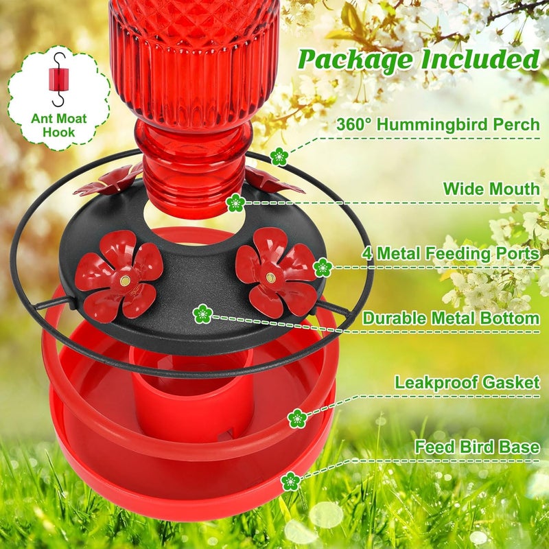 Feed Garden Glass Hummingbird Feeder for Outdoors Hanging, 16 OZ Humming Birds Feeders with 4 Bee Guard Feeding Ports & Built-in Ant Moat, Bird Feeder for Outside, Red - Image 3