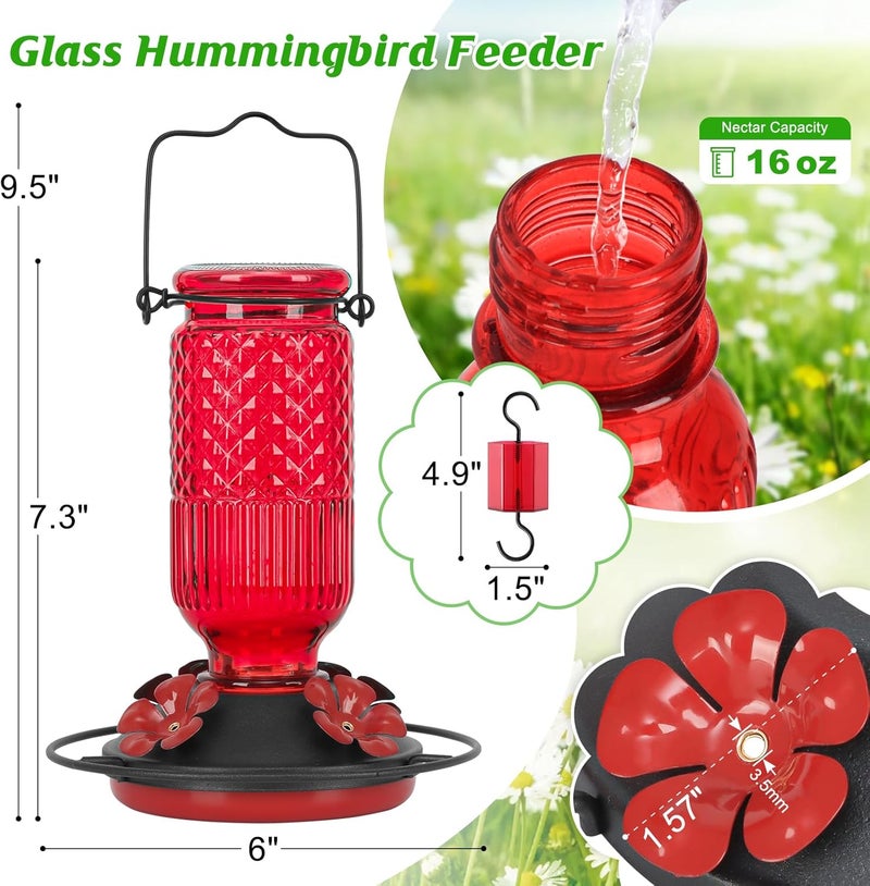 Feed Garden Glass Hummingbird Feeder for Outdoors Hanging, 16 OZ Humming Birds Feeders with 4 Bee Guard Feeding Ports & Built-in Ant Moat, Bird Feeder for Outside, Red - Image 2