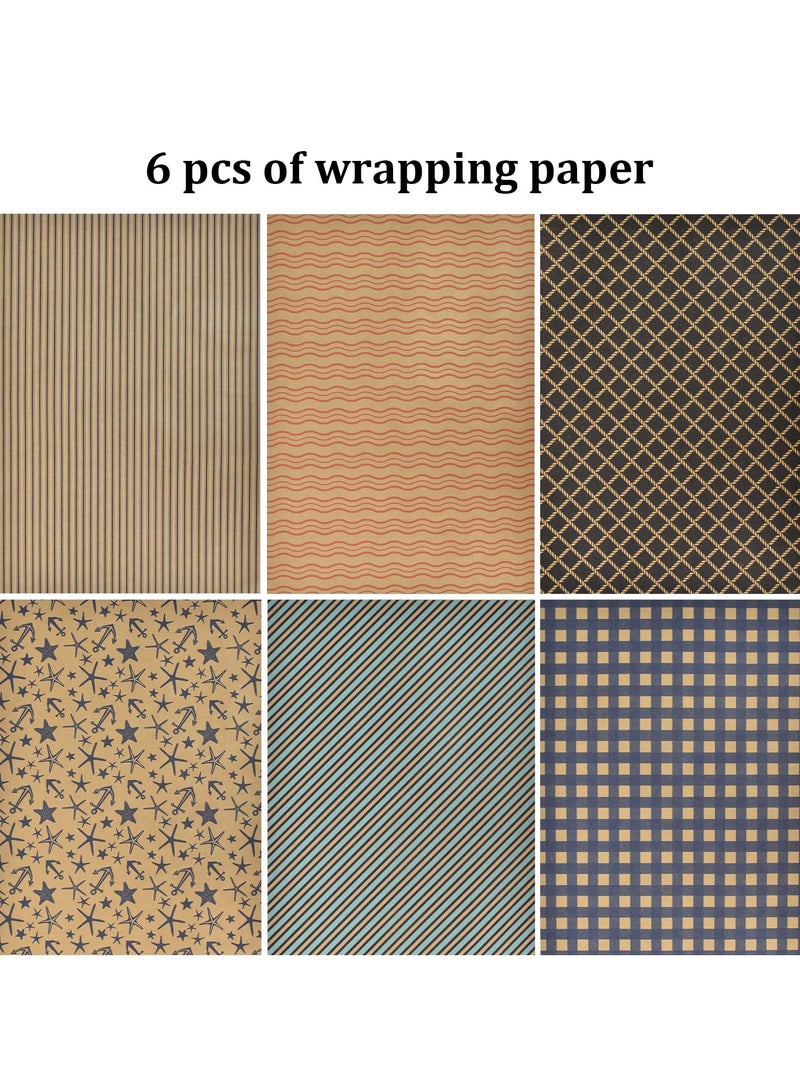 مجموعة تغليف هدايا من 6 ورقات من ورق الكرافت مع ملصقات وشريط مزدوج الجانب ورمز - مثالية لجميع المناسبات - Image 3