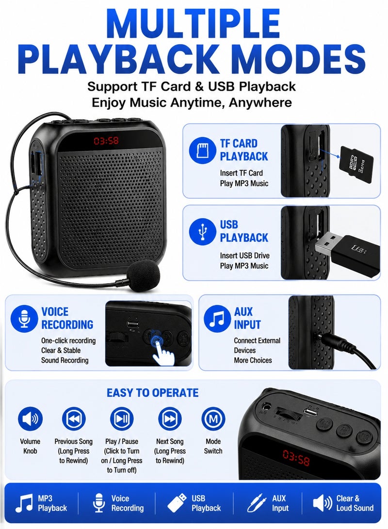 OULIYO Voice Amplifier Portable 8W with Wired Headset Microphone Rechargeable 2200mAh Personal PA Speaker Loud Volume for Teachers Coaches Tour Guides Meetings Training Yoga Fitness Everyday Use - Image 5