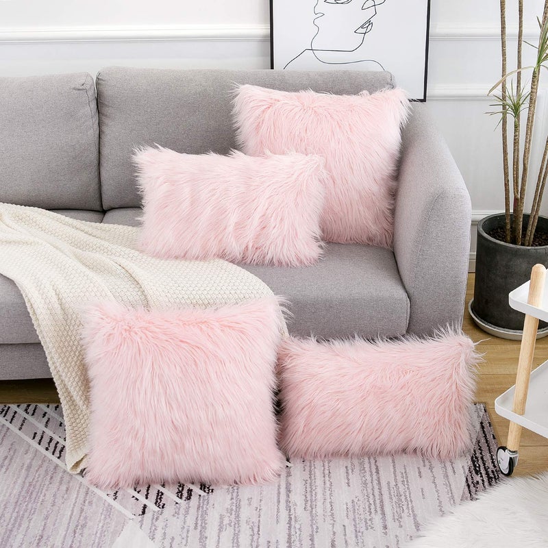WLNUI Set of 2 Lumbar Pink Fluffy Pillow Covers New Luxury Series Merino Style Blush Faux Fur Decorative Throw Pillow Covers Fuzzy Cushion Case 12x20 Inch - Image 3