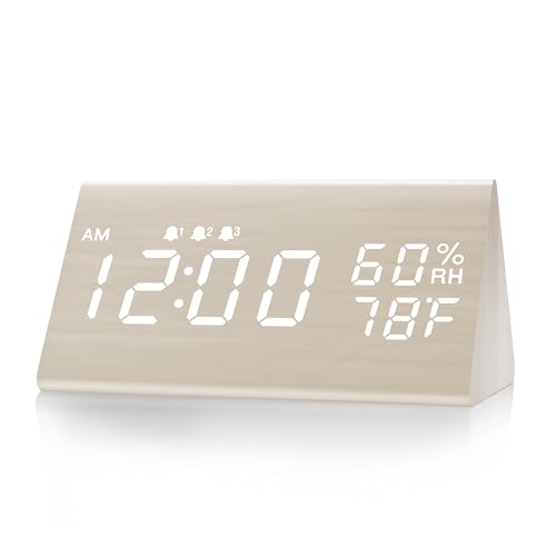Jall Digital Alarm Clock, with Wooden Electronic LED Time Display, 3 Alarm Settings, Humidity & Temperature Detect, Wood Made Electric Clocks for Bedroom, Bedside (White) - Image 1