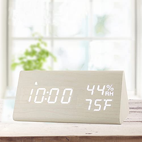 Jall Digital Alarm Clock, with Wooden Electronic LED Time Display, 3 Alarm Settings, Humidity & Temperature Detect, Wood Made Electric Clocks for Bedroom, Bedside (White) - Image 2