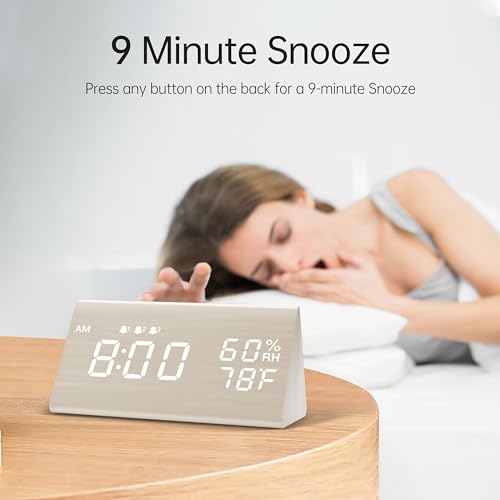 Jall Digital Alarm Clock, with Wooden Electronic LED Time Display, 3 Alarm Settings, Humidity & Temperature Detect, Wood Made Electric Clocks for Bedroom, Bedside (White) - Image 4