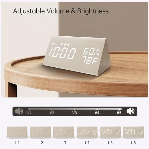Jall Digital Alarm Clock, with Wooden Electronic LED Time Display, 3 Alarm Settings, Humidity & Temperature Detect, Wood Made Electric Clocks for Bedroom, Bedside (White) - Image 5