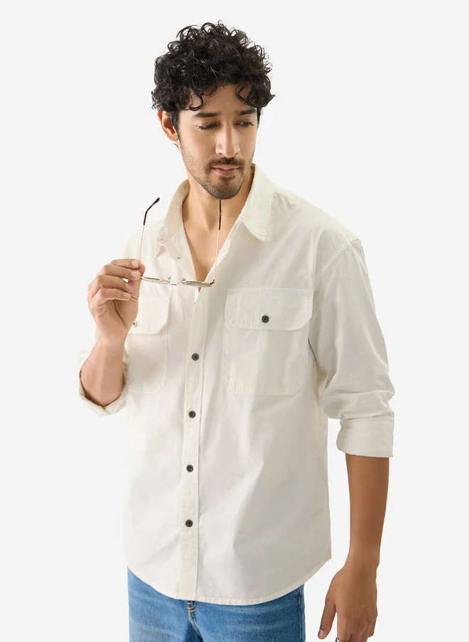 The Souled Store Men Solids Off White Regular Fit Utility Shirt