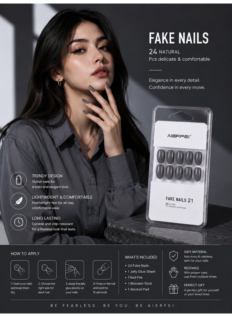 AIERFEI Premium Charcoal Grey Glossy Press On Nails – 24 Pcs Reusable Fake Nails Set for Women, Short Oval Full Cover Artificial Nails with Comfortable Fit for Daily Wear & Parties - Image 3