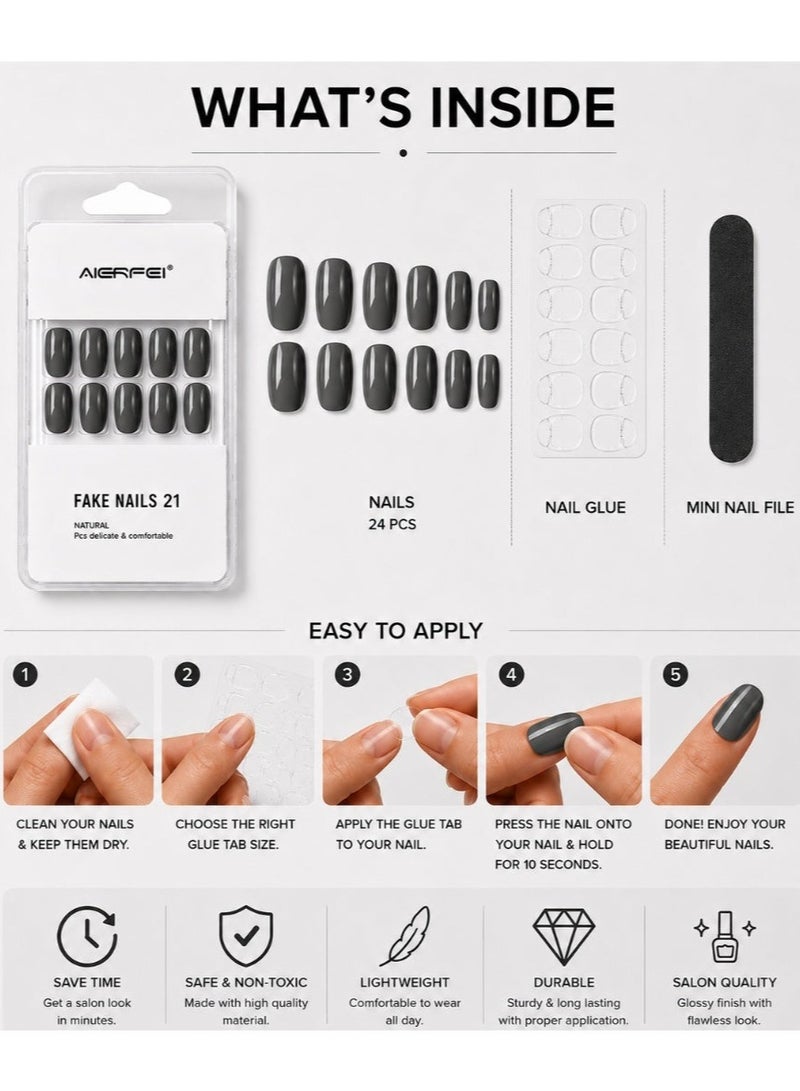 AIERFEI Premium Charcoal Grey Glossy Press On Nails – 24 Pcs Reusable Fake Nails Set for Women, Short Oval Full Cover Artificial Nails with Comfortable Fit for Daily Wear & Parties - Image 4