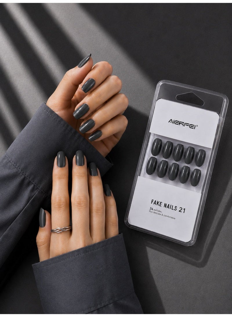 AIERFEI Premium Charcoal Grey Glossy Press On Nails – 24 Pcs Reusable Fake Nails Set for Women, Short Oval Full Cover Artificial Nails with Comfortable Fit for Daily Wear & Parties - Image 1