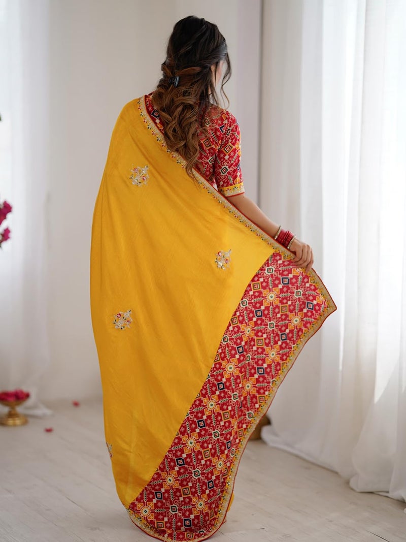 SAREE MALL Women's Yellow Dola Silk Embellished Saree With Unstitched Blouse Piece (NILAM7001_NM) - Image 2