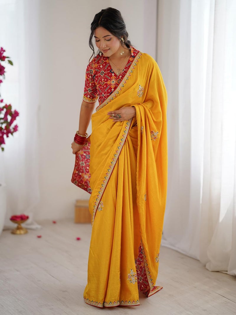 SAREE MALL Women's Yellow Dola Silk Embellished Saree With Unstitched Blouse Piece (NILAM7001_NM) - Image 3