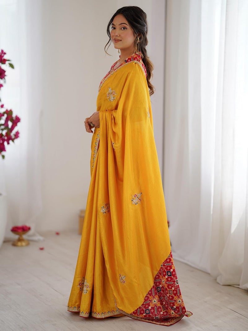 SAREE MALL Women's Yellow Dola Silk Embellished Saree With Unstitched Blouse Piece (NILAM7001_NM) - Image 5
