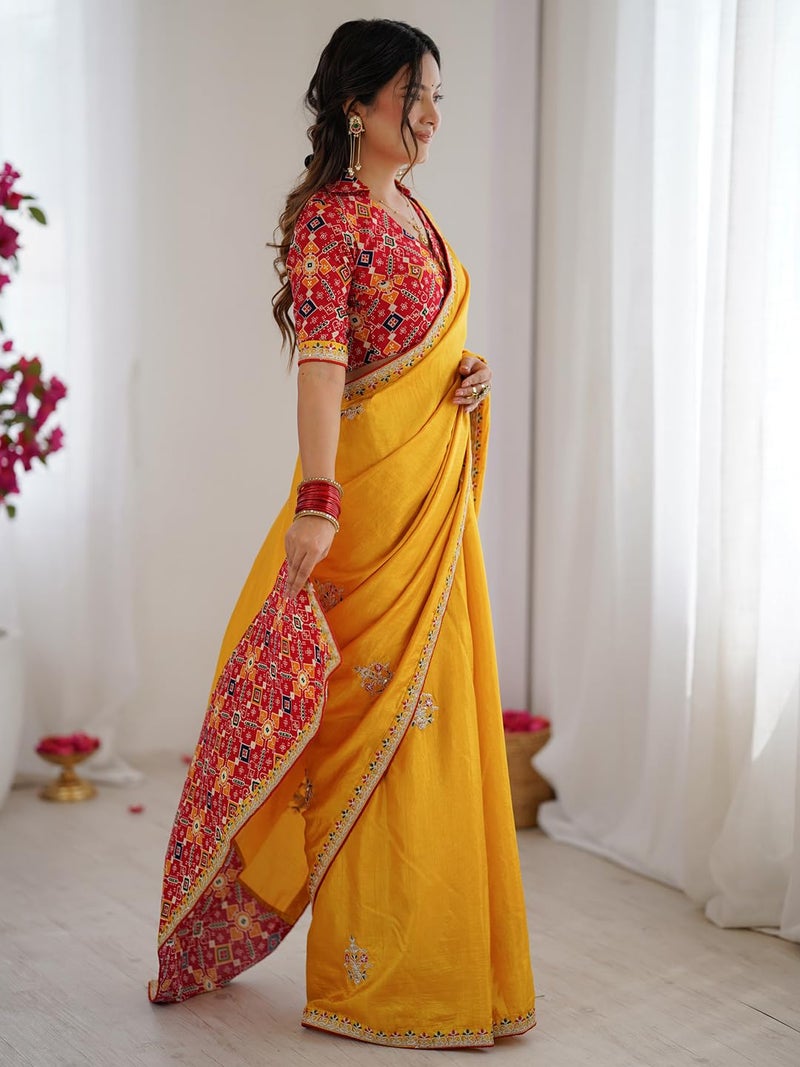 SAREE MALL Women's Yellow Dola Silk Embellished Saree With Unstitched Blouse Piece (NILAM7001_NM) - Image 4