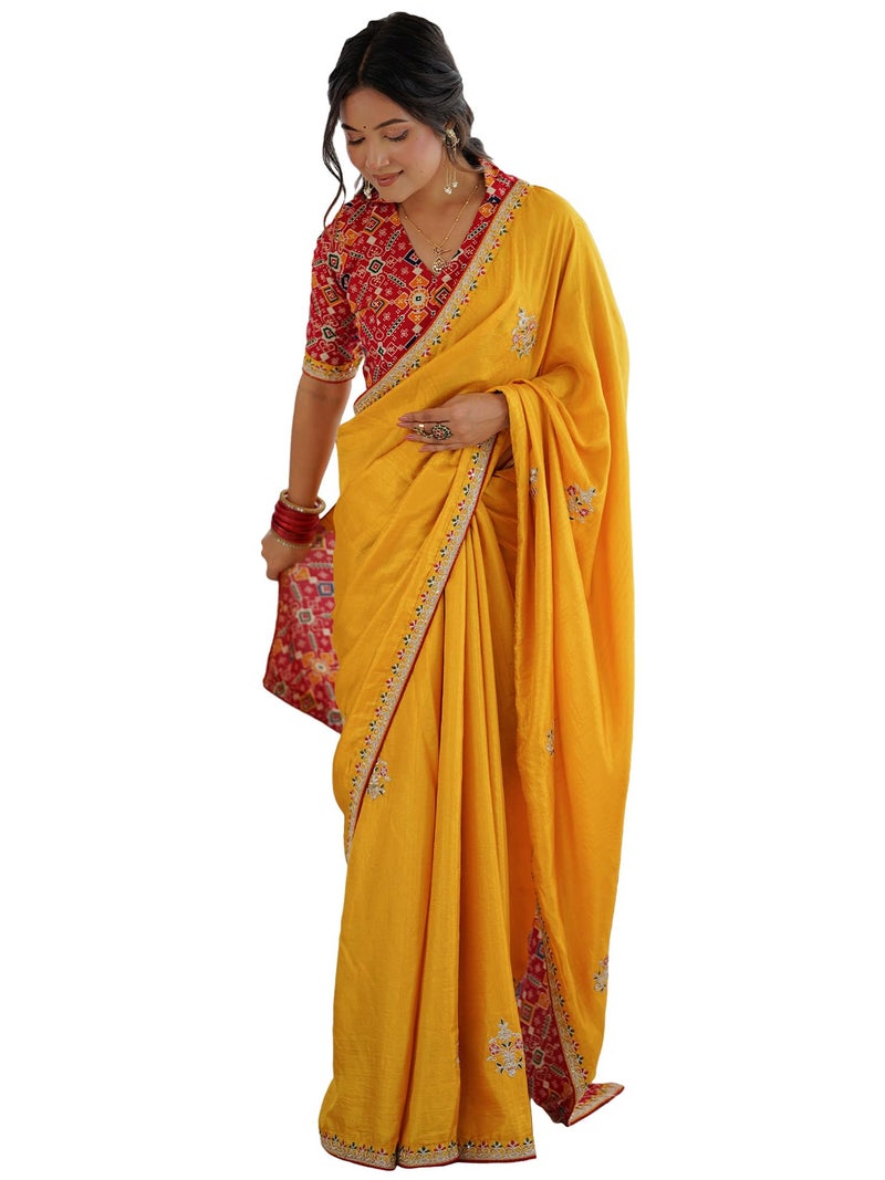 SAREE MALL Women's Yellow Dola Silk Embellished Saree With Unstitched Blouse Piece (NILAM7001_NM) - Image 1