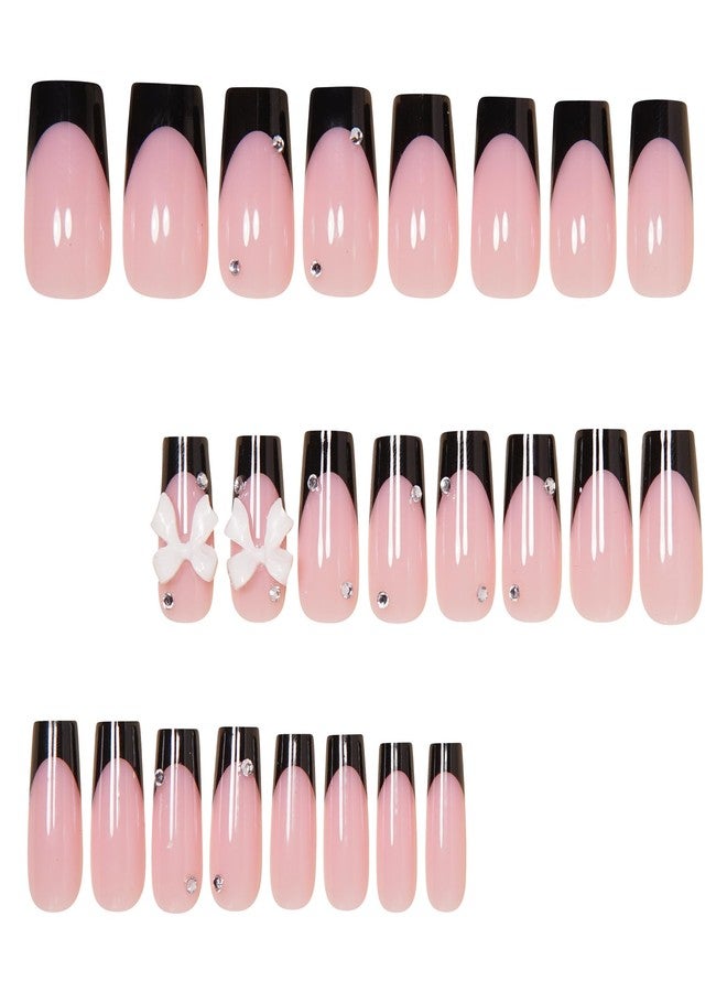 QQPPOLIU Square Press on Nails Meduim Shape Reusable French Tip Fake Nails Glossy Full Cover Nude Pink with Cute Bow Designs False Nail Press ons for Gift Holiday Daily Women 24 Pcs 260509 - Image 3
