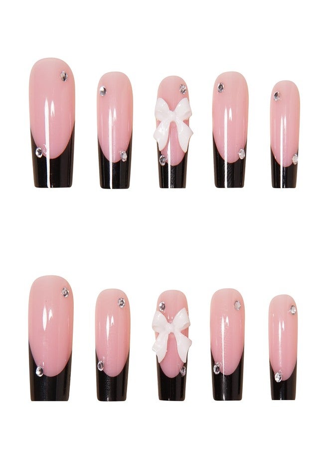 QQPPOLIU Square Press on Nails Meduim Shape Reusable French Tip Fake Nails Glossy Full Cover Nude Pink with Cute Bow Designs False Nail Press ons for Gift Holiday Daily Women 24 Pcs 260509 - Image 2