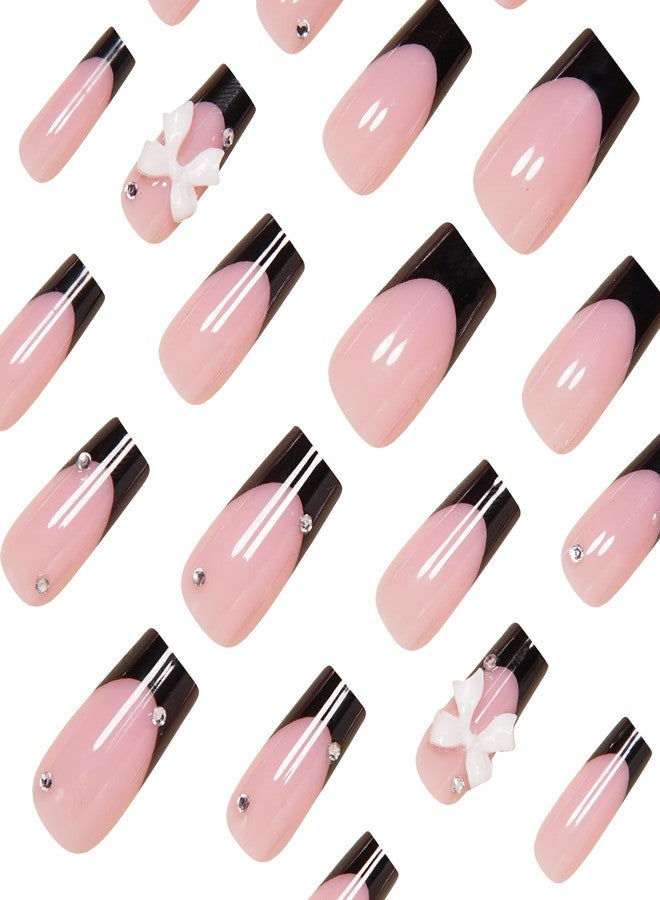 QQPPOLIU Square Press on Nails Meduim Shape Reusable French Tip Fake Nails Glossy Full Cover Nude Pink with Cute Bow Designs False Nail Press ons for Gift Holiday Daily Women 24 Pcs 260509 - Image 4