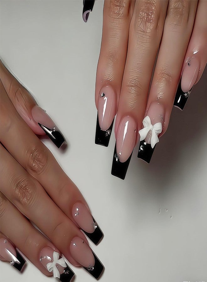 QQPPOLIU Square Press on Nails Meduim Shape Reusable French Tip Fake Nails Glossy Full Cover Nude Pink with Cute Bow Designs False Nail Press ons for Gift Holiday Daily Women 24 Pcs 260509 - Image 1