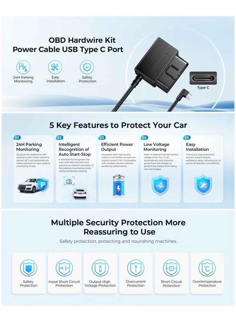 Arabest Type C Port OBD Hardwire Kit for Dash Cam, Easy to Install, Support Parking Mode, 11FT 12V-24V to 5V Power Cable for Car Camera with Type C Port, Low Voltage Protection - Image 5