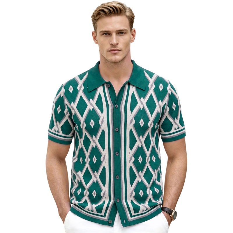 Men's Geometric Jacquard Polo Shirt Short Sleeve Summer - Image 1
