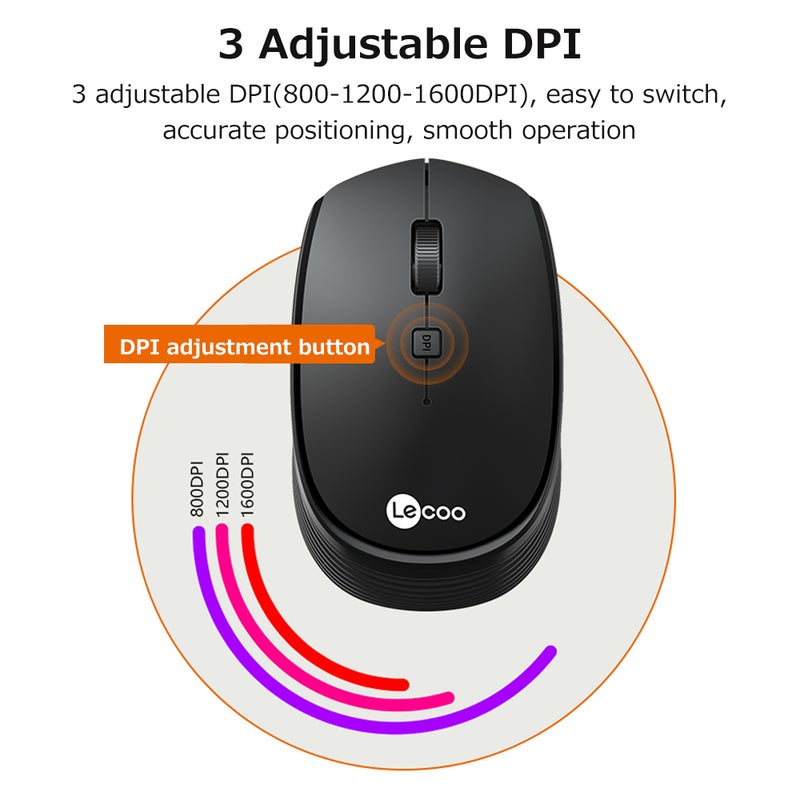 Lenovo Lecoo WS202 2.4GHz Wireless Ergonomic Lightweight Office 3 Adjustable DPI Wide Compatibility Black - Image 5